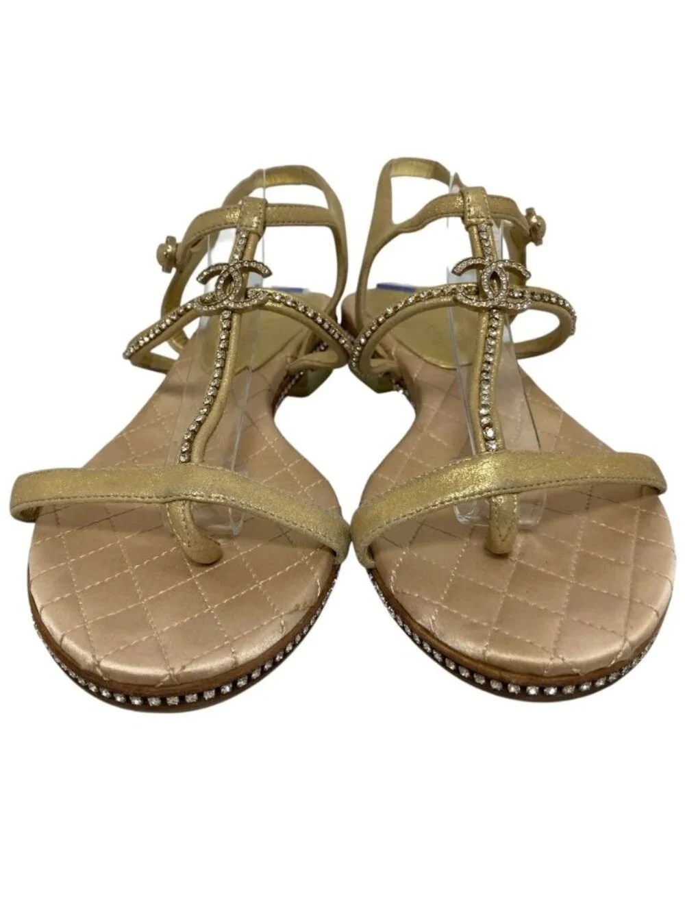 Chanel CC Logo Rhinestone Ankle Strap Flat Sandals 37C Gold
